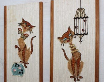 Pair of Vintage, Cat, Gravel Art, Assemblage Wall Hangings