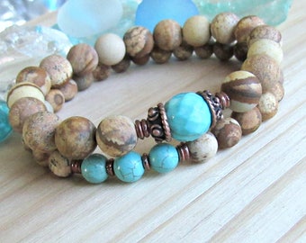 Turquoise bracelet set, Matte picture jasper, mala set, stackable bracelets, healing crystal, intention, blue, brown, yoga set, matte