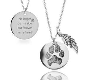 Double sided actual paw print and sentiment personalized pendant necklace with Angel wing charm in sterling silver Pet memorial jewelry