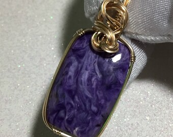 Charoite PENDANT PURPLE 14k Gold Fill - w/ Necklace Wire Wrapped Jewelry 2032g3