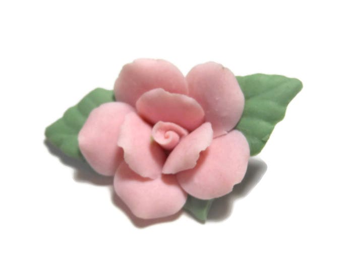 FREE SHIPPING Porcelain rose brooch, pink rose with green leaves, delicate china rose pin, feminine floral brooch