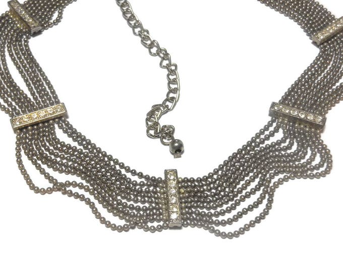 Chain rhinestone bib necklace, 9 strands of ball chain connected with rhinestone bars, swag choker, silver tone, extender choker or necklace