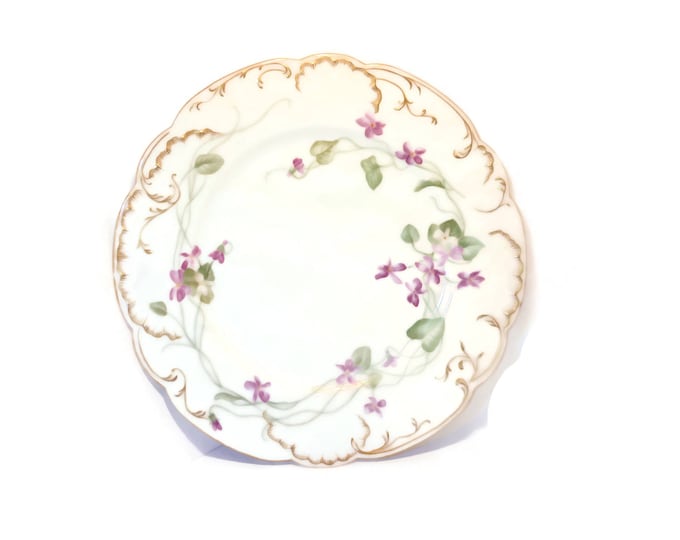 Haviland and Limoges dinner plate, H & L Co. France, 1888 to 1896, scalloped Clematis vine flower floral, gold trimmed edges and scallops