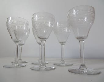 Antique Needle Etched Glass Cordials by Bryce or Tiffin - Set of Six