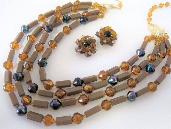 4 Strand Necklace - Vintage Topaz Lucite - Signed West Germany - AB Beads - Mid Century Tan Choker - Bib Necklace