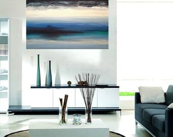 Art, Seascape Painting, Original Abstract, Acrylic Paintings on Canvas by Ora Birenbaum Titled: Midnight Blue 6 24x36x1.5"
