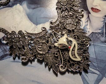 Silver bib necklace lace gypsy Bohemian white ♠Fox♠