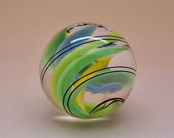 Clear lampwork glass marble double helix design suspended inside, pastel green and blue ribbons, flamework glass art marble