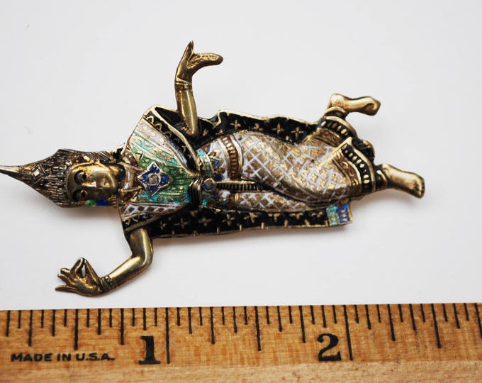 Sterling Thailand Dancer Brooch- Gold Wash- black blue green Enameling - gold plated - Siam figurine dancing pin