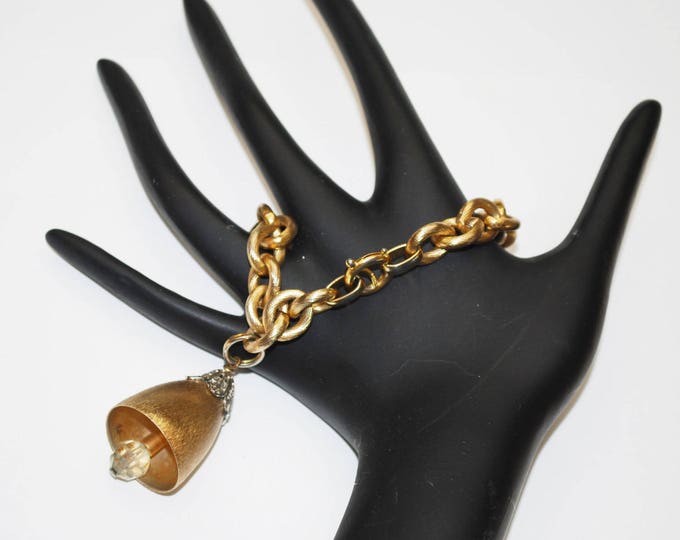 Napier Gold Bracelet - Crystal Bell Charm - Chunky Gold Chain Bracelet -Wedding Bell - 1970 Book Piece