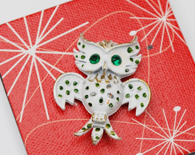 Owl Brooch - White Enamel - Green Rhinestone- Mid Century figurine bird pin