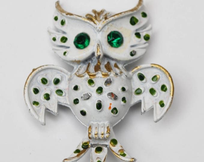 Owl Brooch - White Enamel - Green Rhinestone- Mid Century figurine bird pin