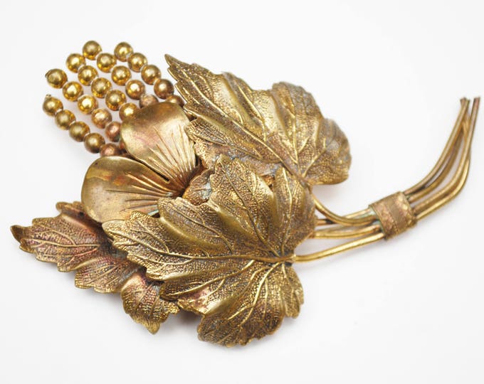 Large Gold Brass Leaf Brooch - Brassy gold metal - Floral leaves - golden repousse Pin