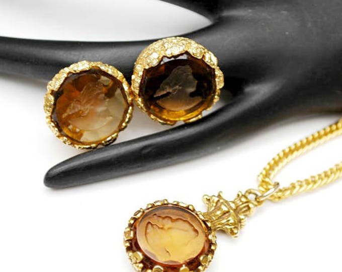 intaglio cameo necklace earring set - reversed Carved - topaz brown glass - Champagne rhinestones - Gold plated - unsigned Goldette