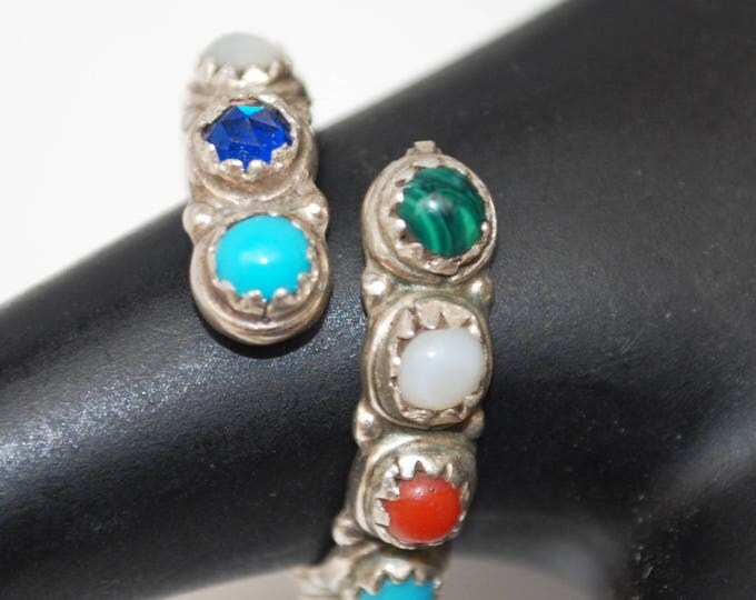 Silver Gemstone Cuff ring - Multi color inlay stone - size 9 ring -turquoise malachite,moonstone coral lapis - signed MCA