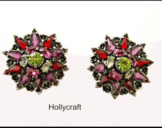 Rhinestone Flower Earrings - Clip on earrings -1954 Hollycraft - purple Green floral