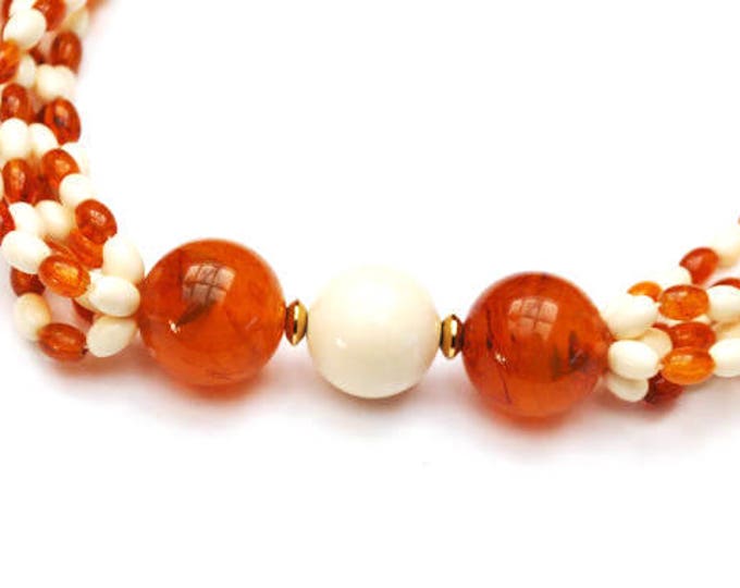 Root beer white torsade Bead Necklace - multi strand - Lucite Plastic - Mod groovy necklace