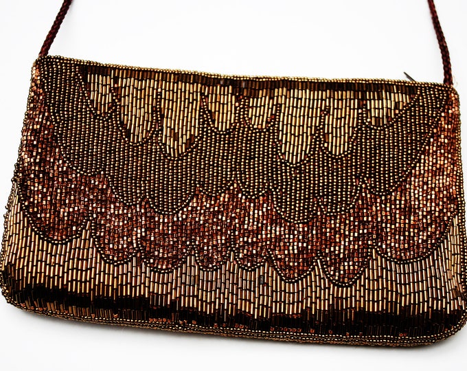 Brown Carla Marchi Beaded Evening Bag - Brass Clutch purse - Seguence