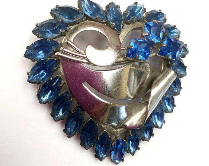 Blue Heart Brooch - Rhinestone - open back - silver - mid century pin -light bluish crystal