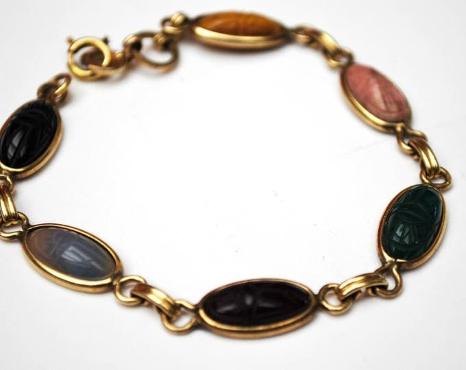 Gemstone Link Scarab Bracelet -12 kt gold Filled - signed Sojar - Egyptian Revival - Beetle - tiger eye -agate -onyx -Jasper