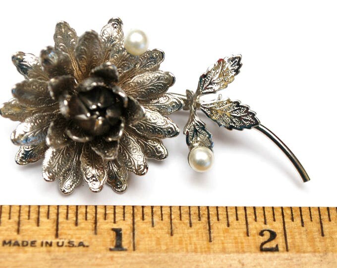 Hobe flower Brooch - stamped silver metal petals - white pearls - Signed floral pin