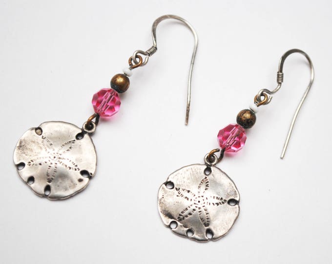 Sterling Sand dollar dangle earrings - pink crystal glass - brass bead - drop earring