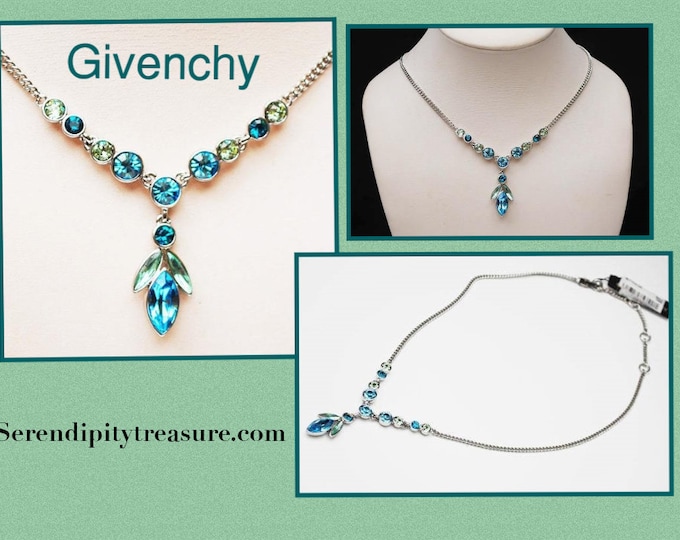 Givenchy Rhinestone Necklace - Blue Green crystal silver - signed