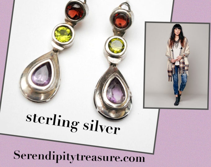 Multi gemstone Sterling dangle Earrings - Purple amethyst -Green peridot - Red garnet - drop pierced earrings