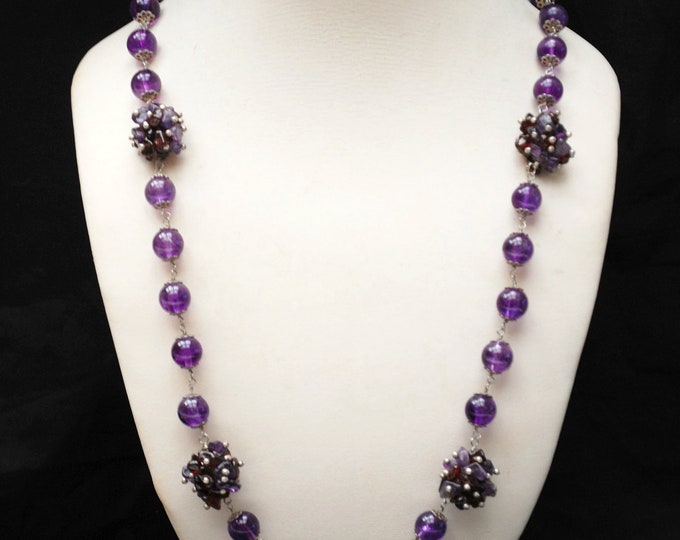 Amethyst round beads Necklace - garnet amethyst chip cluster - sterling - 35 inches long -Purple gemstone