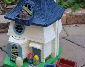 1976 Rare Hasbro WEEBLE WOBBLE Haunted House with Ghost, Witch, Scared Boy & Girl, and Furniture + Tower, Creaks when Opened, Near Complete