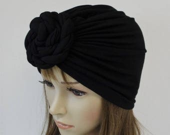 Black turban hat, front knotted turban, elegant head wear, stylish hat, fashion turban hat, bad hair day hat, black hat