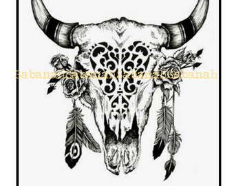 "Skull Bohemian" series! printed on fusible iron on light textile Bohemian pattern transfer paper boho skull skull bull Buffalo