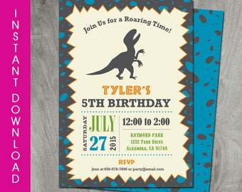 Self Editable Dinosaur Birthday, 5x7 Invitation, Instant Download, T-Rex, Party Printable, Double Sided, Diy, Personalize, PDF File