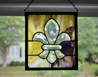 Purple and Gold Bevel Fleur de Lis Stained Glass Panel (LSU Colors)