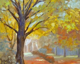 REALISTIC OIL PAINTING fall trees impressionism Misty Road Art