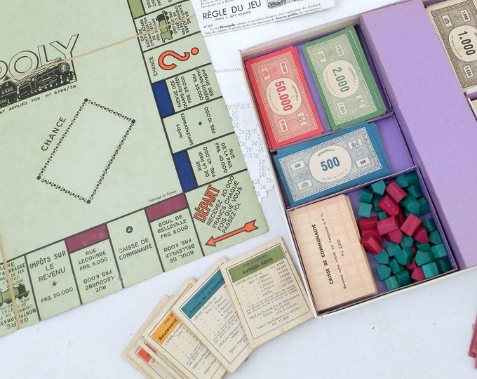 1945 1 st Edition of French Monopoly Complete Board Game of Paris in French with Wooden Parts Made in France, Vintage Game Playing