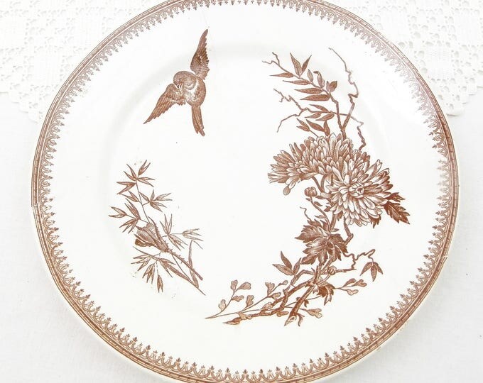 Antique French Plate Bird and Flower Pattern in Chocolate Brown on White Glaze by FF Pexonne Badionviller, Victorian Plate from France, 1880 Antique French Plate Bird and Flower Pattern in Chocolate Brown on White Glaze by FF Pexonne Badionviller, Victorian Plate from France, 1880
