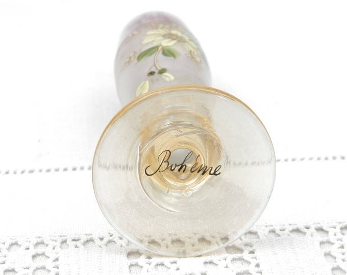 Small Antique Hand Painted Boheme Glass Posy Vase, Tiny French Art Nouveau Flower Bouquet Stem Foot Glass Vase with Painte Floral Pattern