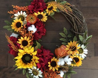 Pumpkin Wreath, Cotton Wreath, Sunflower Wreath, Fall Wreath, Front Door Wreaths, Autumn Wreath, Fall Wreath for Front Door, Door Wreath