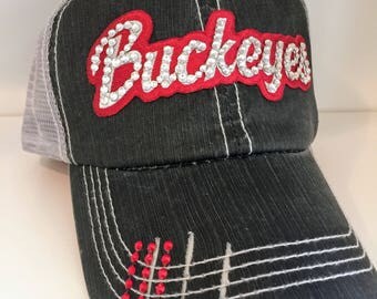 BUCKEYES Bling Hat - Distressed Trucker Cap- Ohio State Football - Swarovski Rhinestones