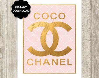 Coco Chanel Logo Poster, Pink Chanel Print, Faux Metallic Gold Chanel Printable, Glamour Fashion Wall Art 8x10 11x14 16x20 Instant Download