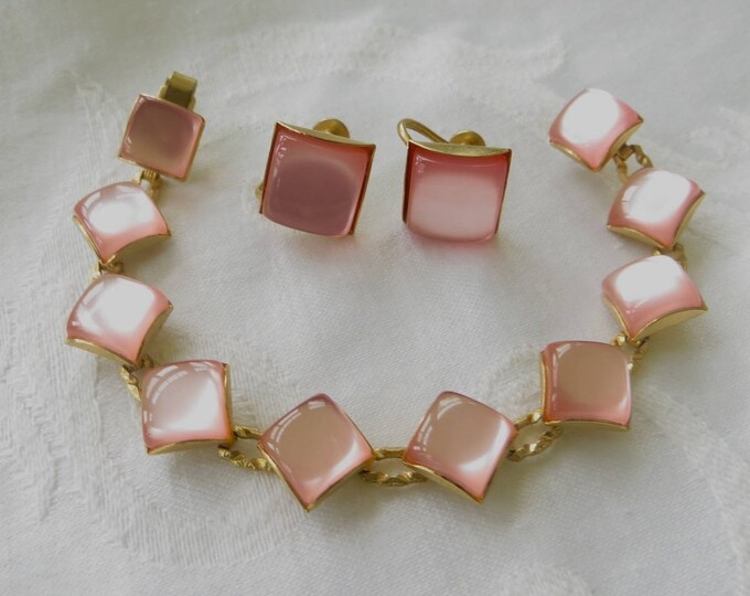 Pink Moonglow Bracelet Set, Vintage Thermoset Bracelet, Screw Back Earrings, Mid Century Jewelry