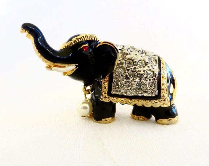 Vintage Elephant Brooch, Rhinestone and Enamel, Moghul Style Pin, Elephant Jewelry