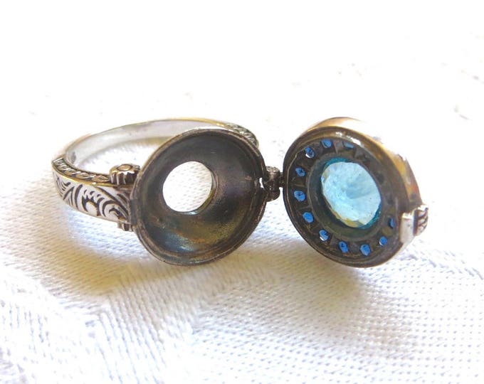 Vintage Aquamarine Poison Ring, Sterling Silver Filigree. Blue Sapphire Stones, Size 8