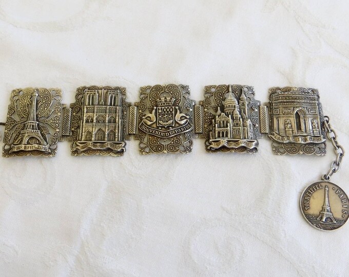 Vintage Paris Souvenir Bracelet, Paris Landmarks, Raised Relief Panel Bracelet, Statement Bracelet