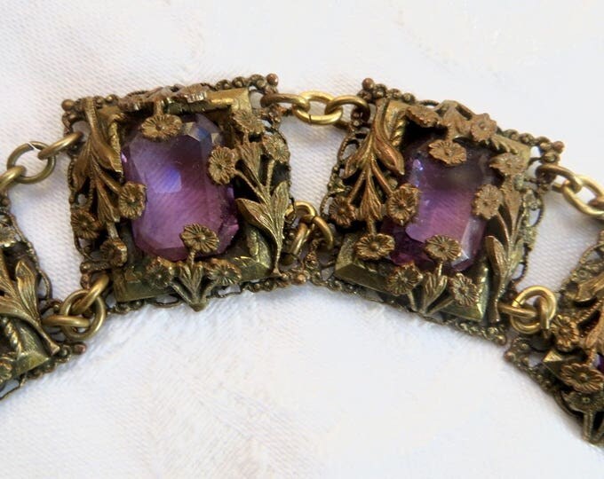 Art Nouveau Czech Bracelet, Floral Filigree, Emerald Cut Amethyst Glass Stones