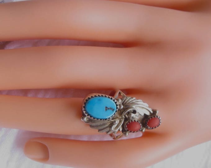 Navajo Sterling Ring, Turquoise Coral, Signed Scott Dave, Vintage Navajo Artisan, Old Pawn Jewelry, Size 6.5