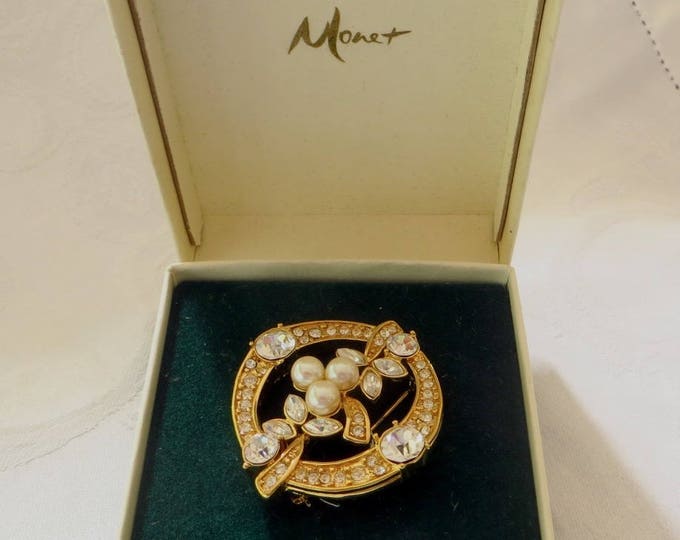 Vintage Monet Brooch, Rhinestone and Pearl Circle Pin, Original Box, 1980s Monet Jewelry