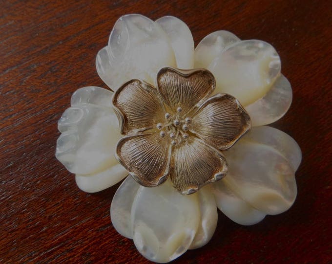 Vintage Mother of Pearl Floral Brooch, Sterling Silver Flower Pendant, Floral Jewelry