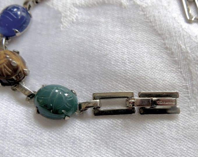 Vintage Sterling Scarab Bracelet, Egyptian Revival Gemstone Scarabs, Sterling Silver Links, Scarab Jewelry